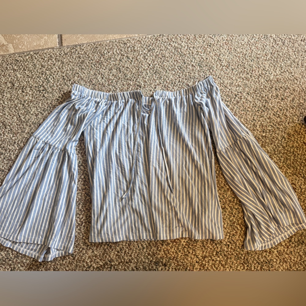 American Eagle Striped Off-Shoulder Long Flare Sleeve Top